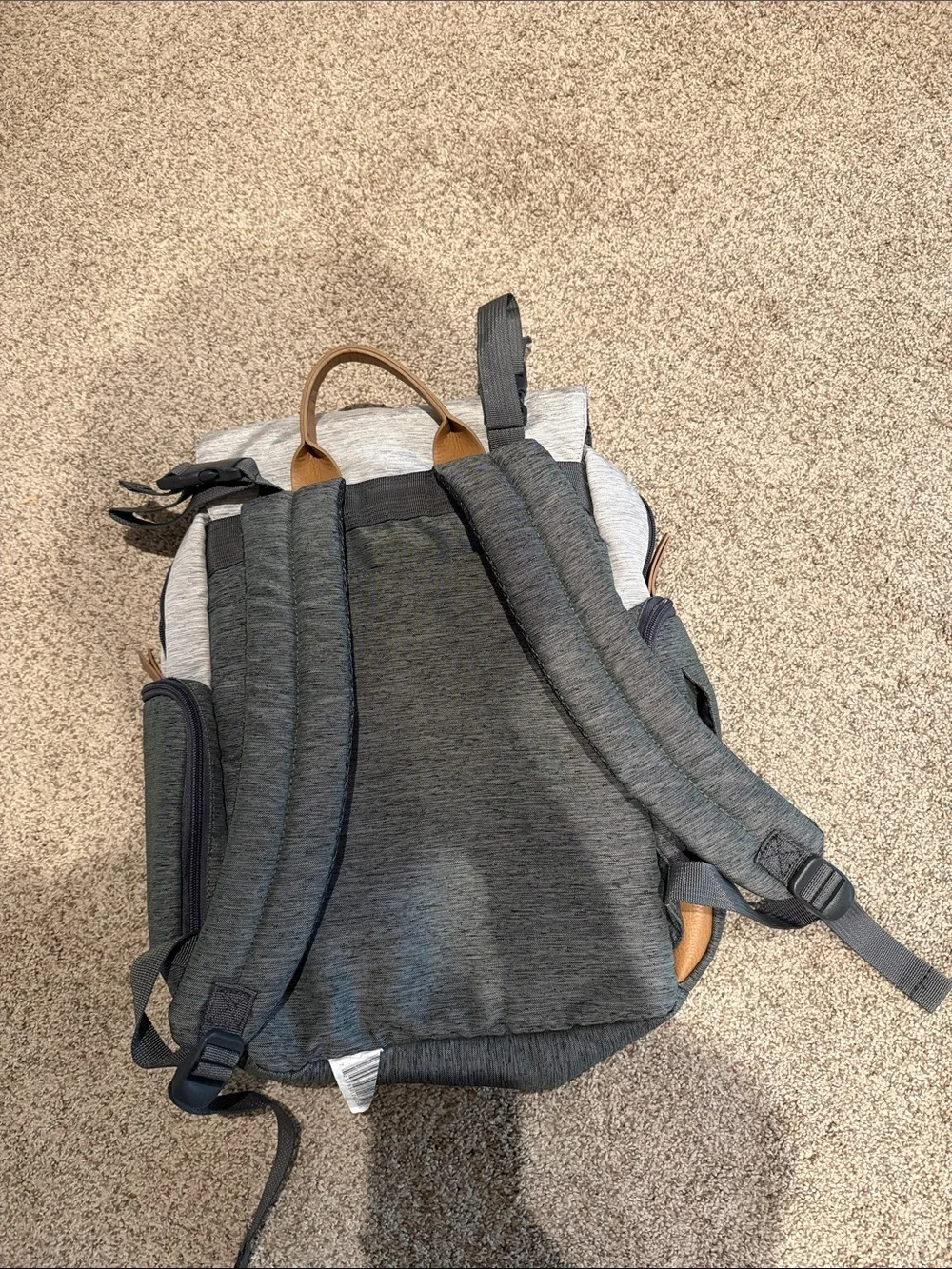 Eddie Bauer Light Gray and Dark Gray diaper Backpack with Tan Accents